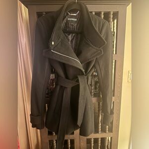 Express black asymmetric belted pea coat jacket winter wool Medium